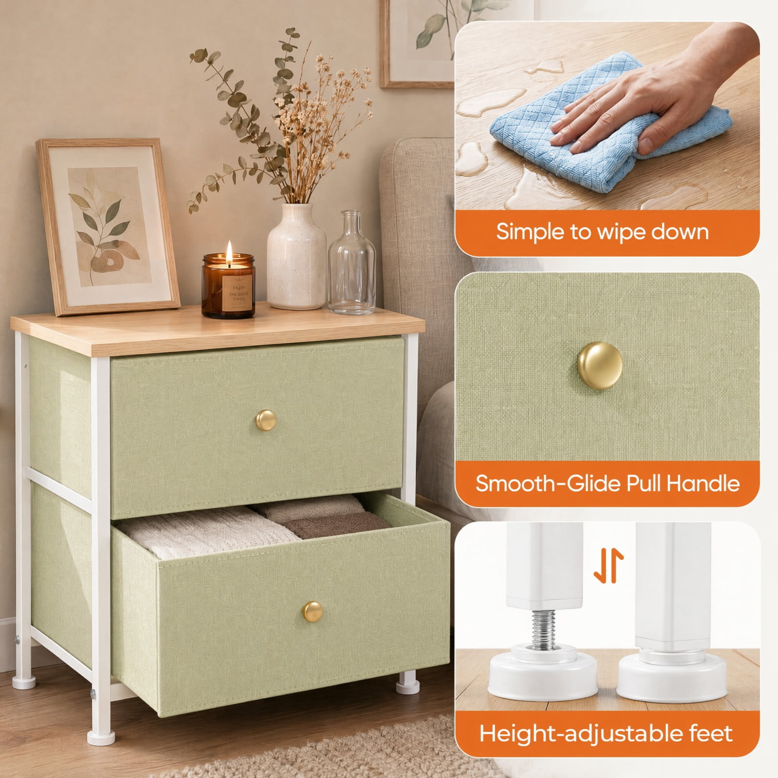 Telyra Fabric Nightstand with 2 Drawers 20" Bedside Table with Wood Top and Steel Frame Small Storage Organizer, Light Green