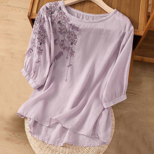 Fiudx Ofertas de La Semana Blusa de Lino con Cuello Redondo y Manga Corta para Mujer, Blusa Holgada Informal con Bordado Estampado de Primavera y Verano