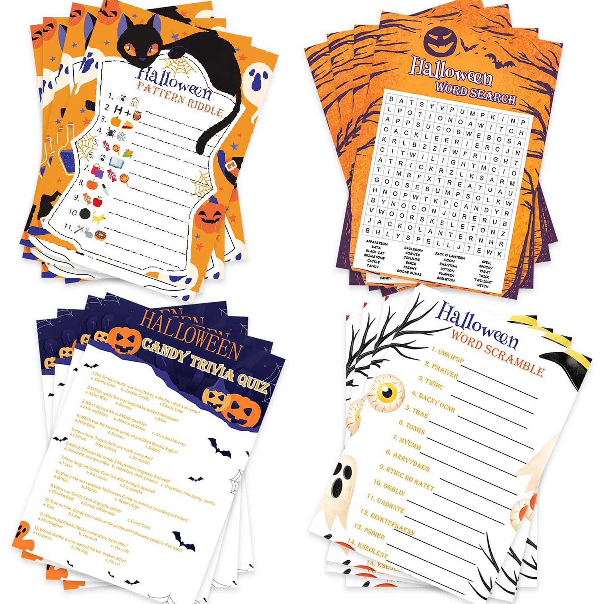 Halloween Party Games 129pcs Halloween Card Games for Adults/Teens Word Scramble Word Search Candy Trivia Card Games for Halloween Birthday Party Activity Ice Breaker