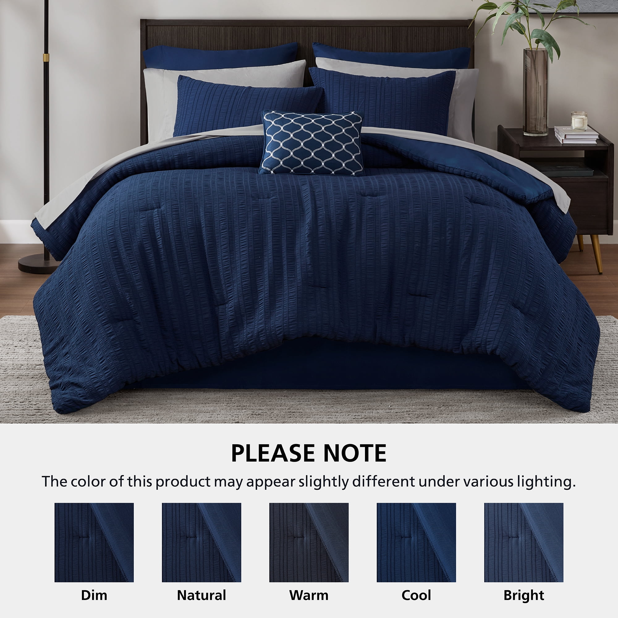 Mainstays All in One Reversible Comforter and Sheet set- 11 Piece, Full, Navy Seersucker