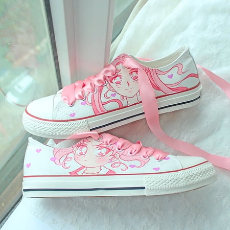 New Hand Painted Ribbons Canvas Shoes, Sailor Moon Pink Cute Sports Shoes, Cartoon All-Match Skateboard Shoes, Girl Kids Birthday Gifts