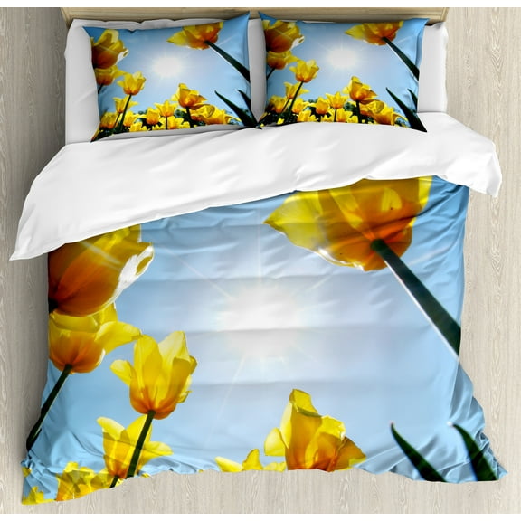 Yellow and Blue Duvet Cover Set, Tulip Flower Field Against the Sky Summer Blooming Petals Vibrant, Decorative 3 Piece Bedding Set with 2 Pillow Shams, Calking Size, Green Yellow Blue, by Ambesonne