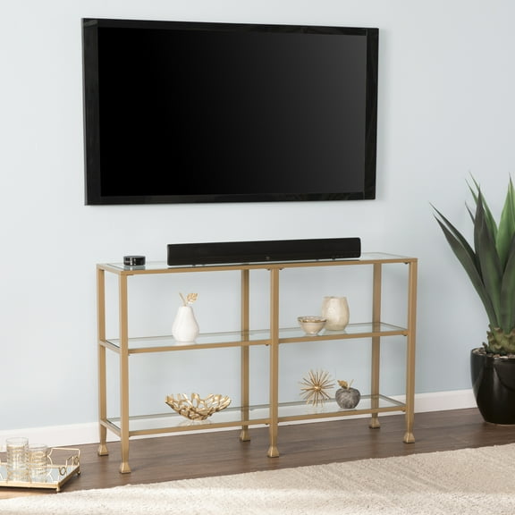 SEI Furniture Jaymes 2 Shelf Narrow Glass Top Console Table in Gold