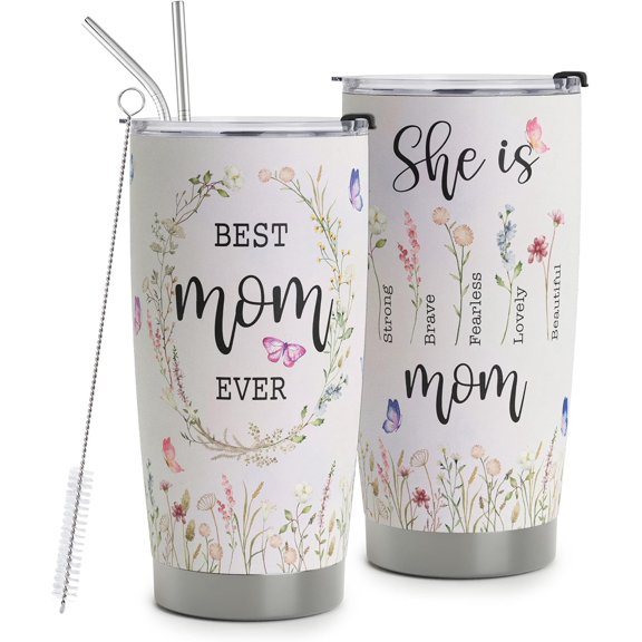 Best Mom Tumbler - She is Strong Vacuum Insulated Stainless Steel Travel Mug with Straw for Mom Birthday Mothers Day - Cute Flora Mom Cups 20oz