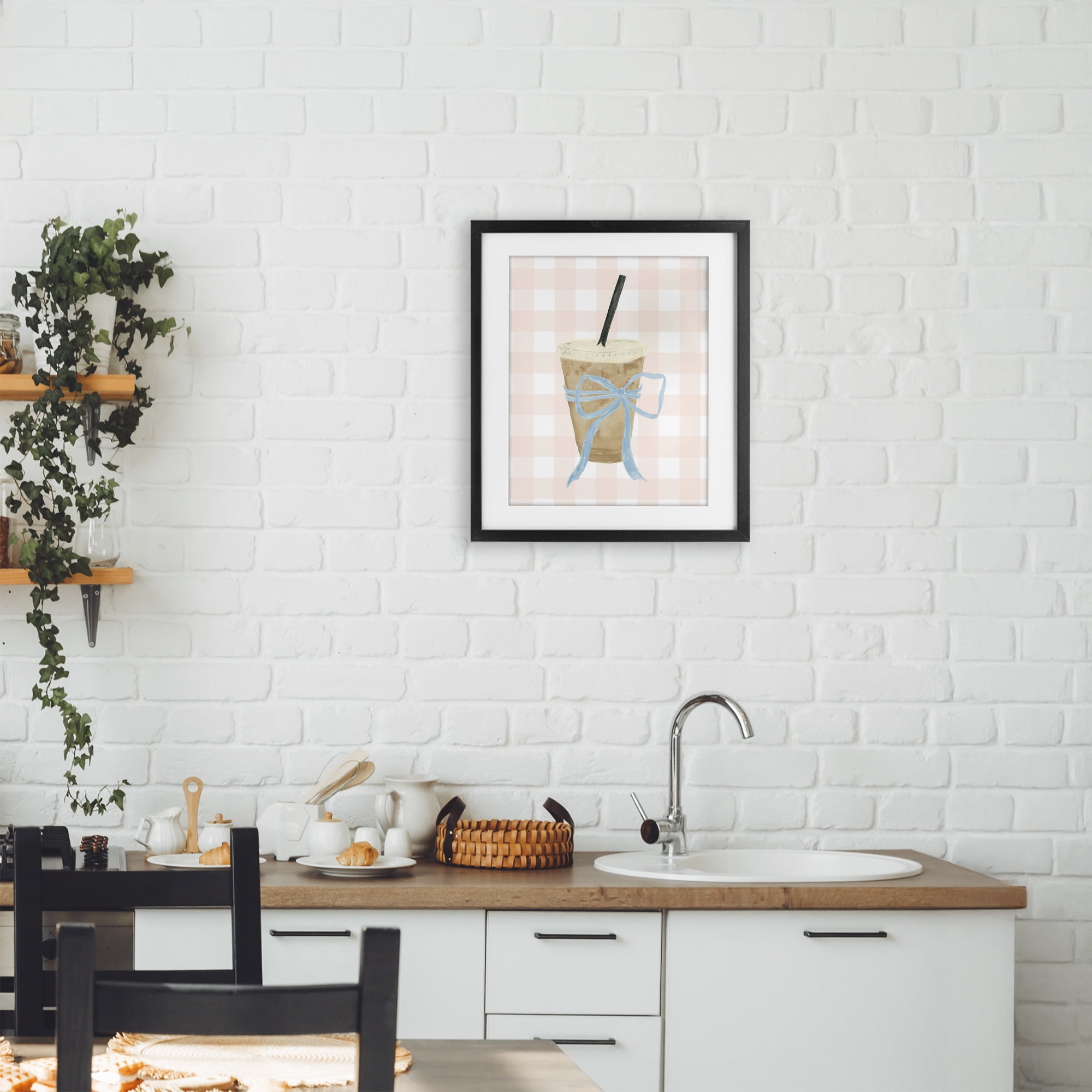 Stupell Industries Iced Coffee on Gingham Black Framed Print Under Glass, design by Lucille Price