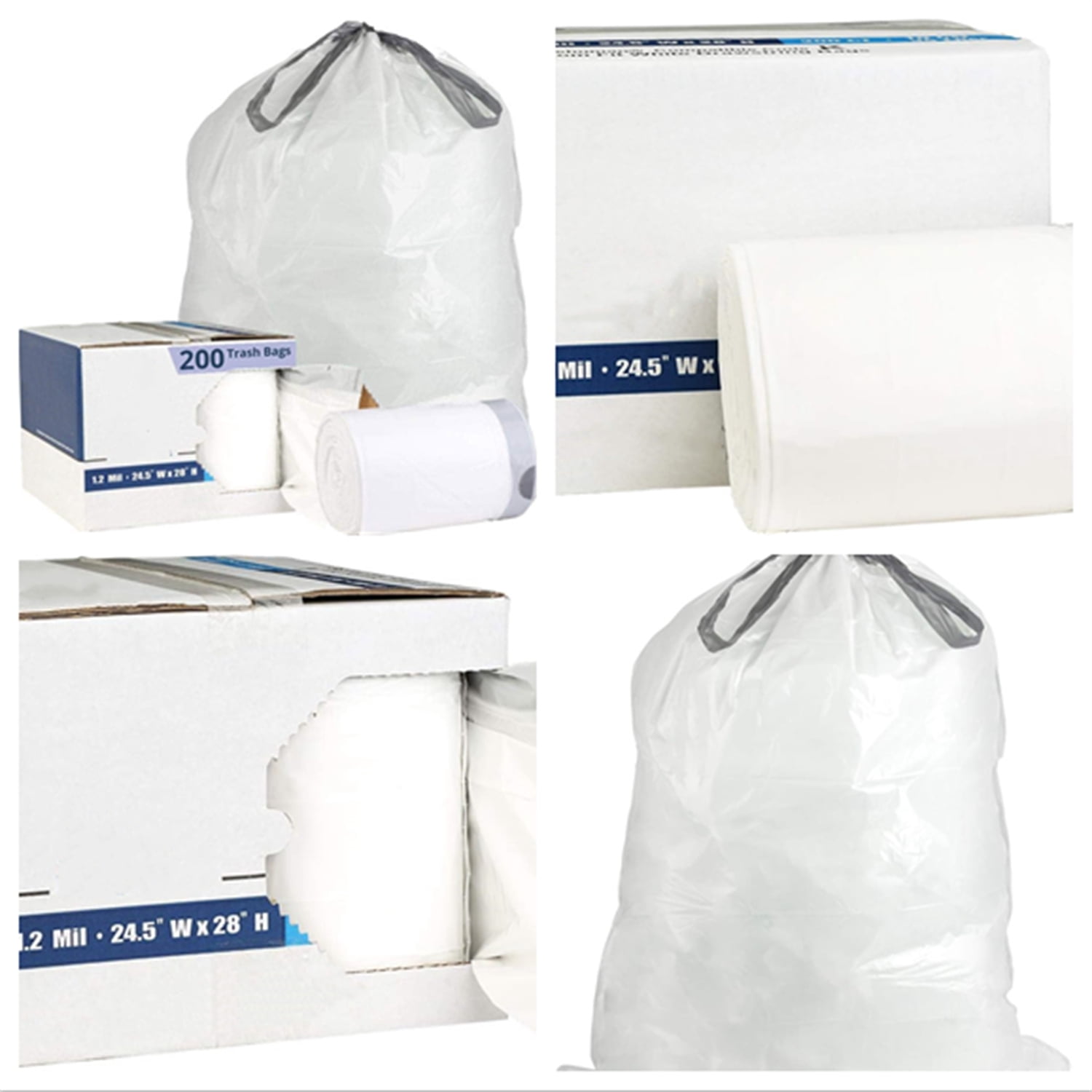 Custom Fit Trash Bags, White Drawstring Garbage Bags Liners, 10 Gallon / 38 Liters, 24" x 28" (200 Count) Heavy Duty Trashbags Home Essentials Large