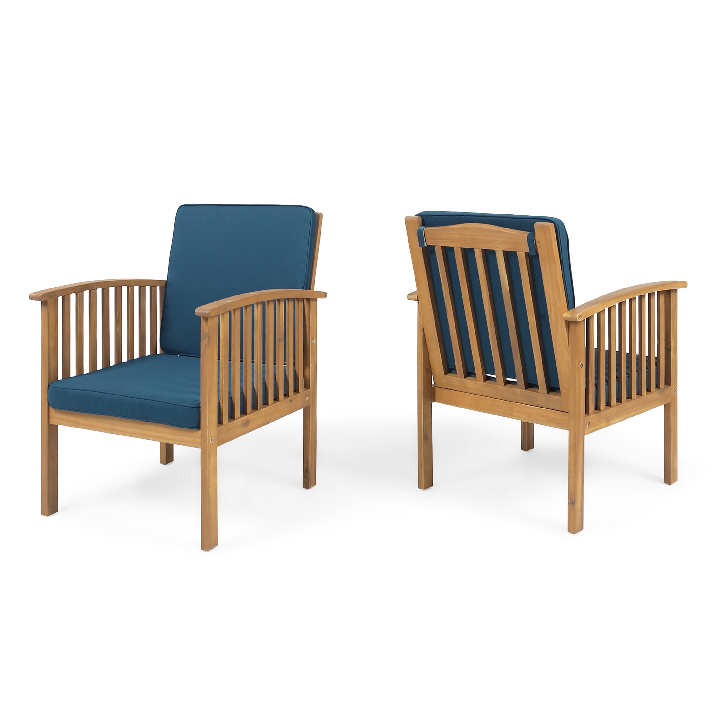 Outdoor Single Club Chair Set of 2, Acacia Wood Frame Relax Seats for Patio Garden, Teak and Dark Teal