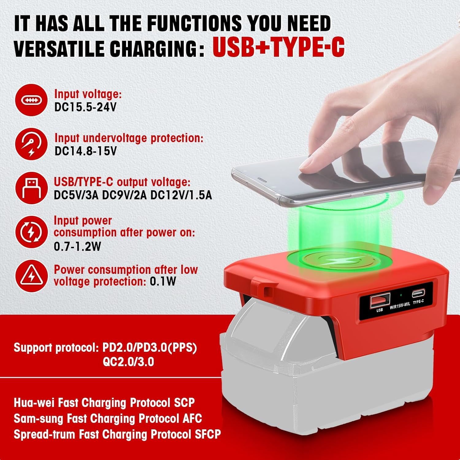 Wireless Charger Adapter,for  Ein*hell 18V Battery,15W Max Wireless Charging Adapter for iPhone for Cell Phone,with USB-A&USB-C 2.1A Fast Charge Ports,Wireless Chargers Using Tool Battery