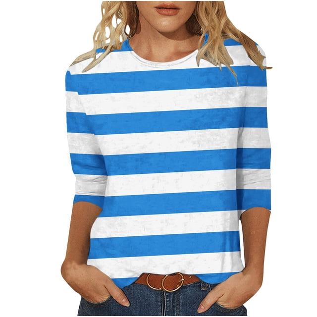 Meichang T-Shirts à Manches 3/4 Grande Taille pour Femmes, Décontractés, à Imprimé Rayé, Col Ras du Cou, Hauts Légers, Doux et Extensibles, Manches Trois Quarts, Chemise, P-4TG