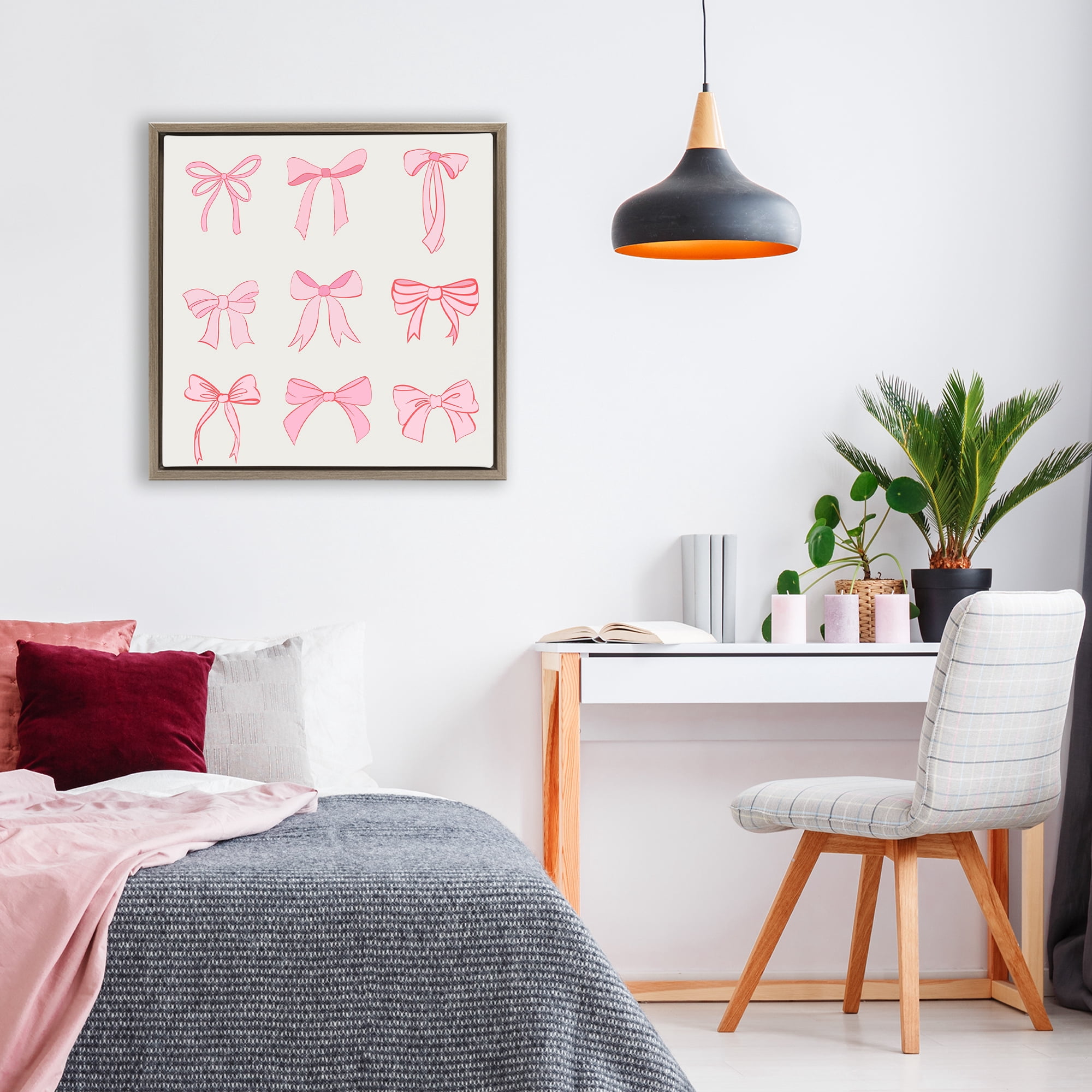 Stupell Industries Pink Coquette Ribbons Brown Framed Floater Canvas Wall Art, design by Emily Navas
