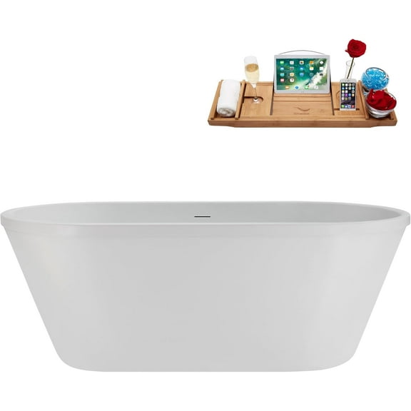 60" Streamline NPC5740BBR Soaking Glossy White Freestanding Tub and Tray With Internal Drain in Brushed Brass