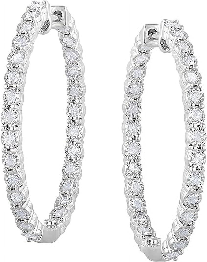 Beyond Brilliance 1.00 Carat Diamond, Sterling Silver Inside-Out Round Cut Real Diamond Hoop Earrings for Women (J-K, I3)