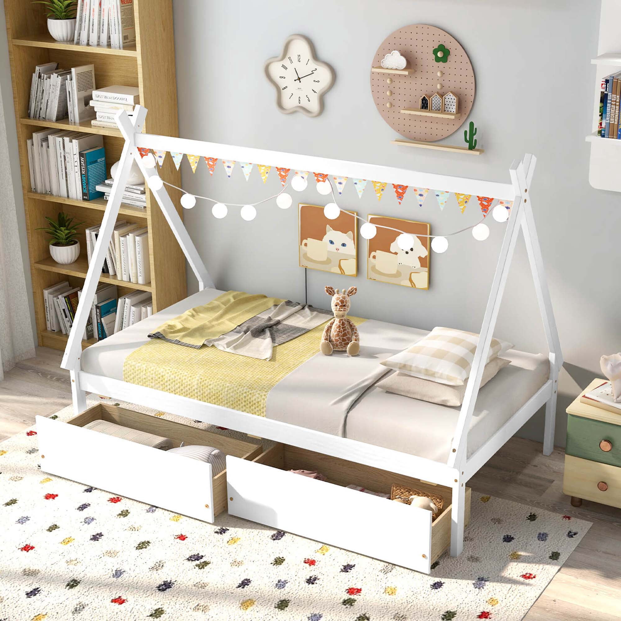 Costway Twin Size Wooden House Bed with 2 Drawers Roof Storage for Boys & Girls White