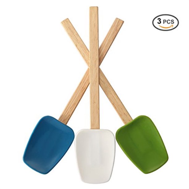Spatulas silicone heat resistant with wood handle, 3 piece setblue