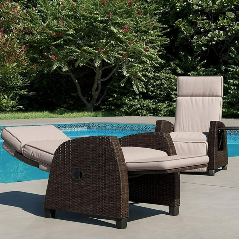 Grand Patio Outdoor Recliners Set of 2 Patio Recliner Chair All Weather Wicker Reclining Patio Chairs Flip up Side Table Recliner Chair Flax