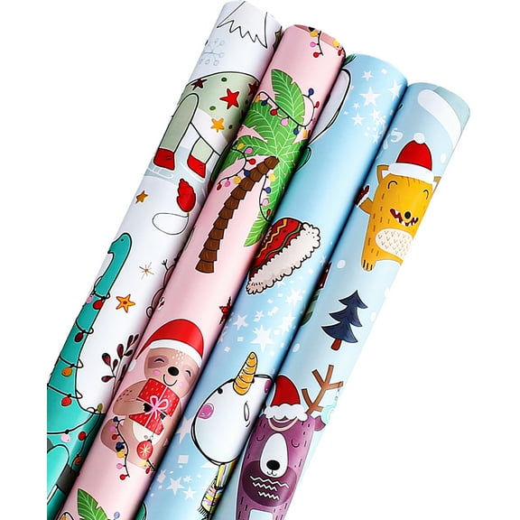 Christmas Wrapping Paper Rolls for Boys Girls Kids - 4 Styles Cute Xmas Gift Wrap Paper Bundle for Birthday New Year Party - 4 Rolls, 23.6 inch x 8 feet