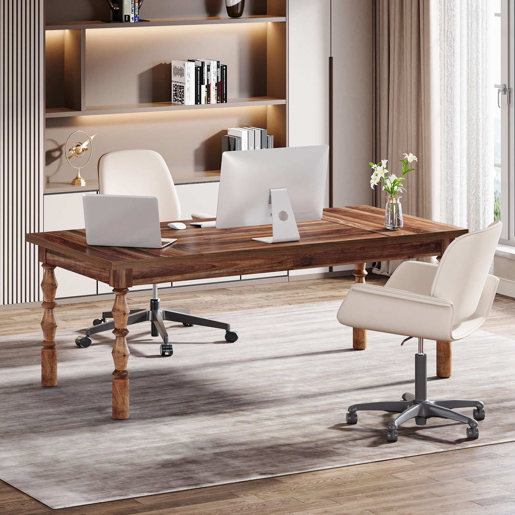 Tribesigns 62.2-Inch Large Wood Executive Desk, Farmhouse Style Writing/Study Table, Business Office Workstation Furniture with Carved Turned Legs, Walnut