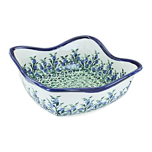 Blue Rose Polish Pottery Porcelain Vine Large Square Scallop Bowl