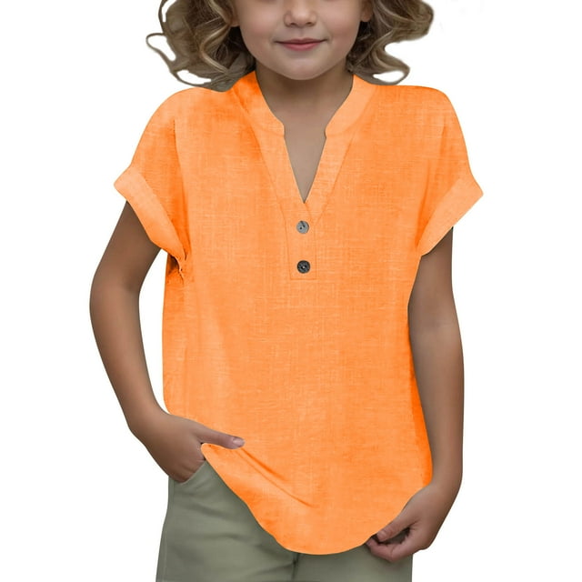 DecSea Linen Shirts for Kids 2025 Summer Button Down V Neck Short Sleeve Tops Casual Solid Blouses