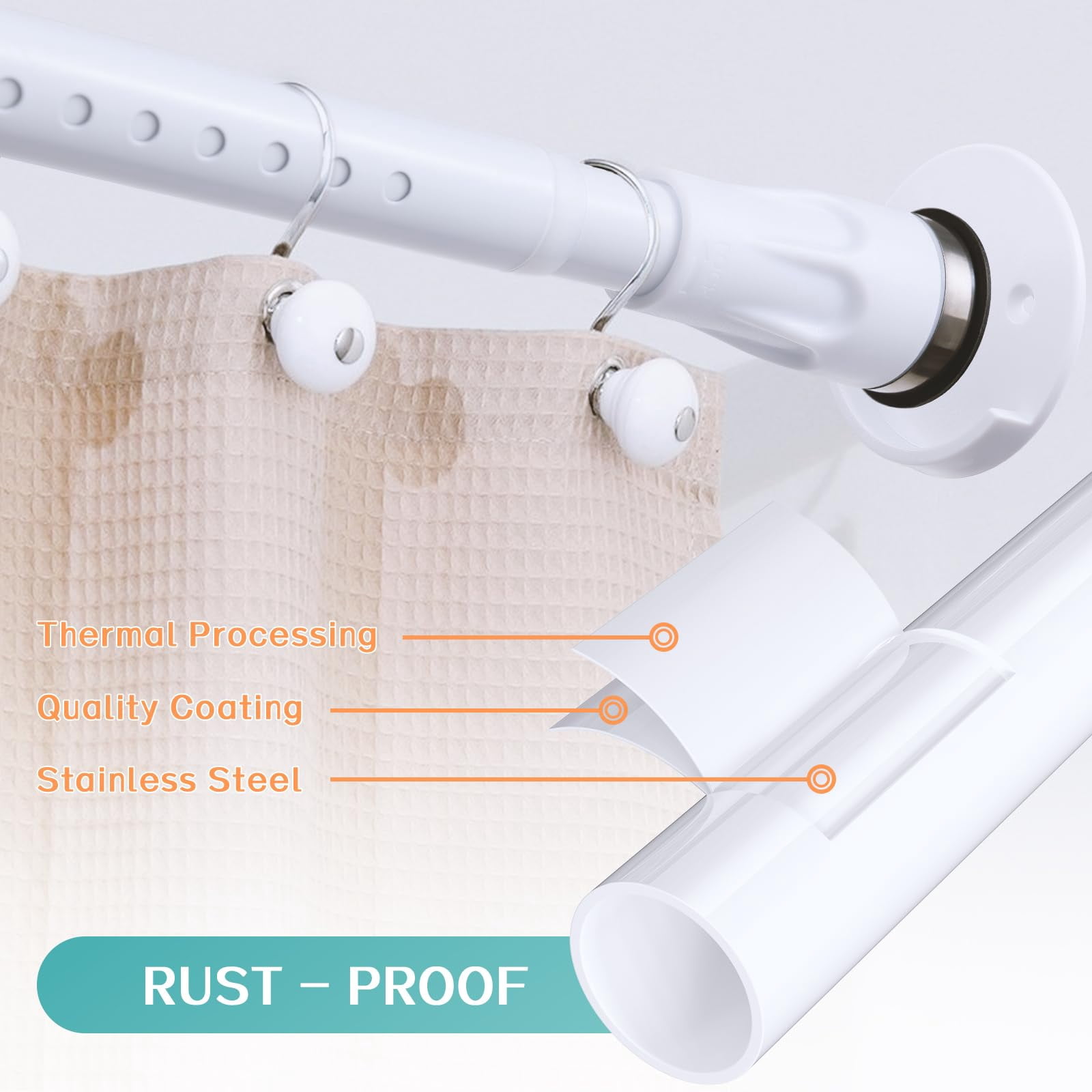 LCOKEIY Tension Shower Curtain Rod, 42-72 inch Adjustable Shower Curtain Rod No Drilling for Bathroom Closet, White