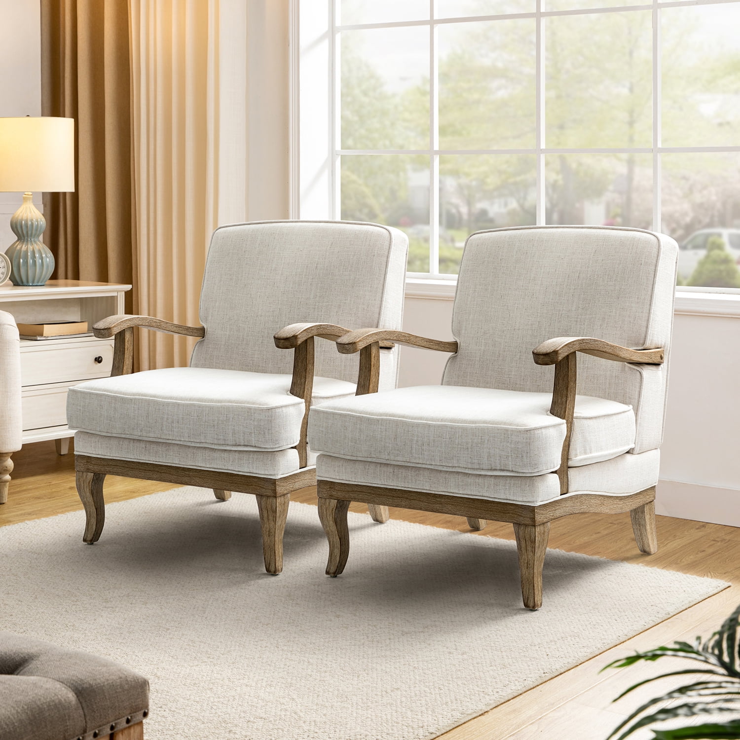 Tina's Home Mid-Century Modern Accent Chair Set of 2, Upholstered Armchair with Solid Wood Legs, Removable Cushion Comfy Reading Chair for Living Room Bedroom, Ivory