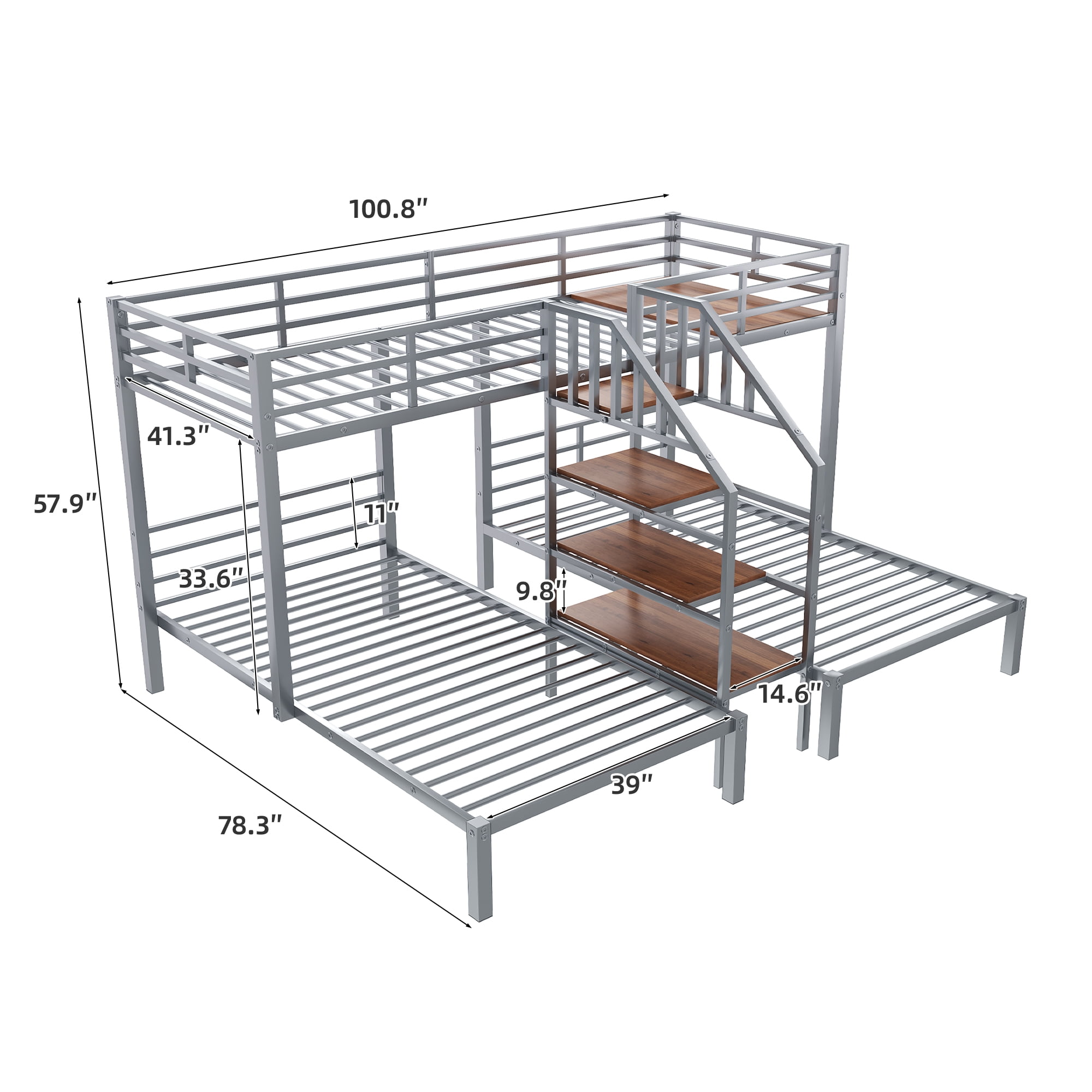 Euroco Metal Twin over Twin & Twin Bunk Bed, 3-in-1 Triple Bunk Bed with Shelves for Kids Teens, Silver