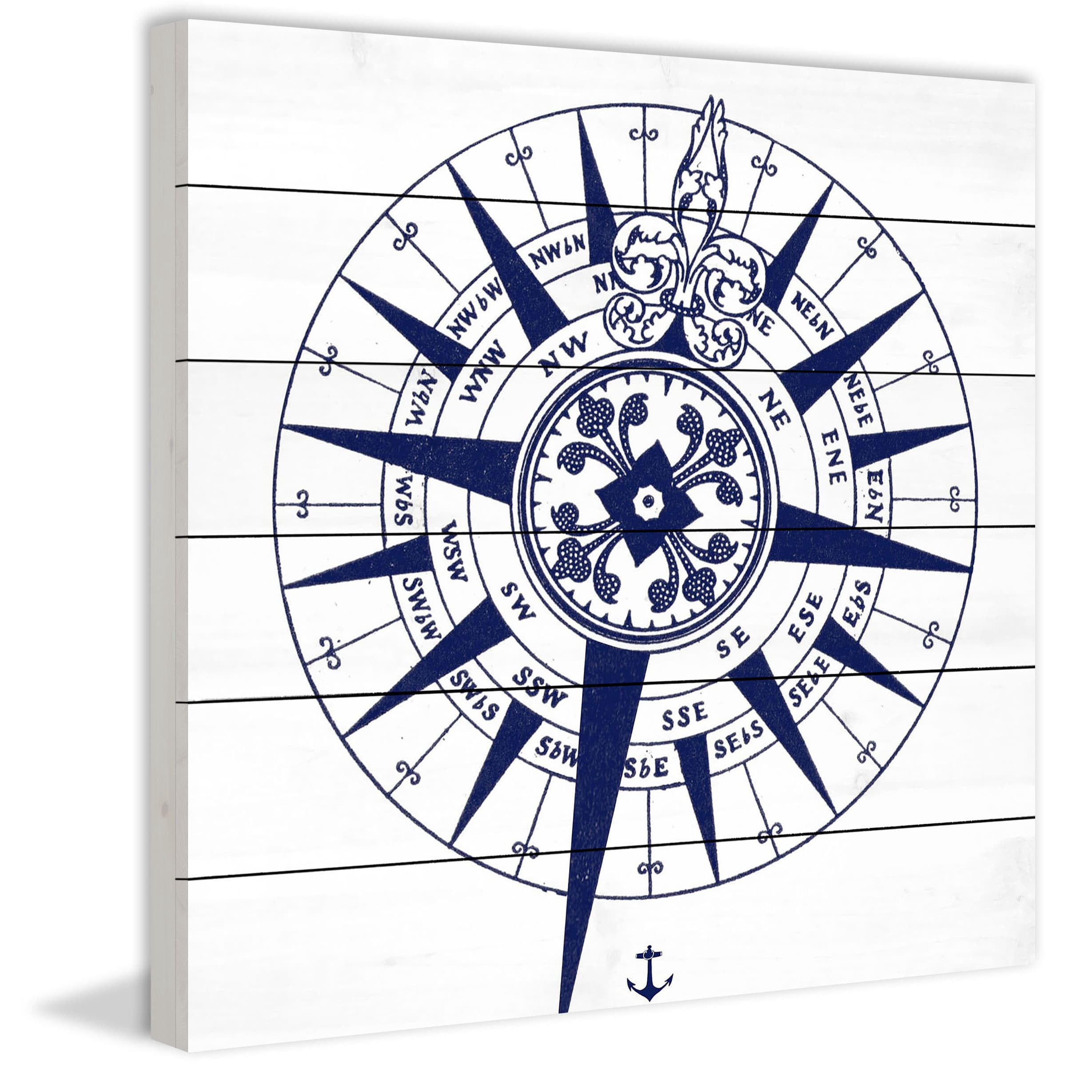 "Blue Compass" Painting Print on White Wood
