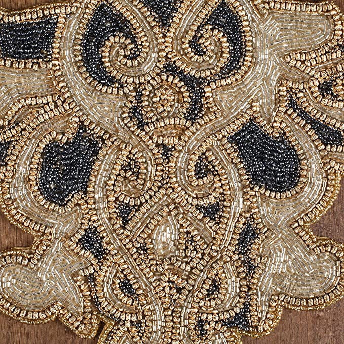 GFI LINEN CLUBS Hand Made Beaded Table Runner / Home Decor Mat in Gold, Charcoal & Silver, 13 x 36 Inches, Pack of 1, Produced by Village Artisans in India