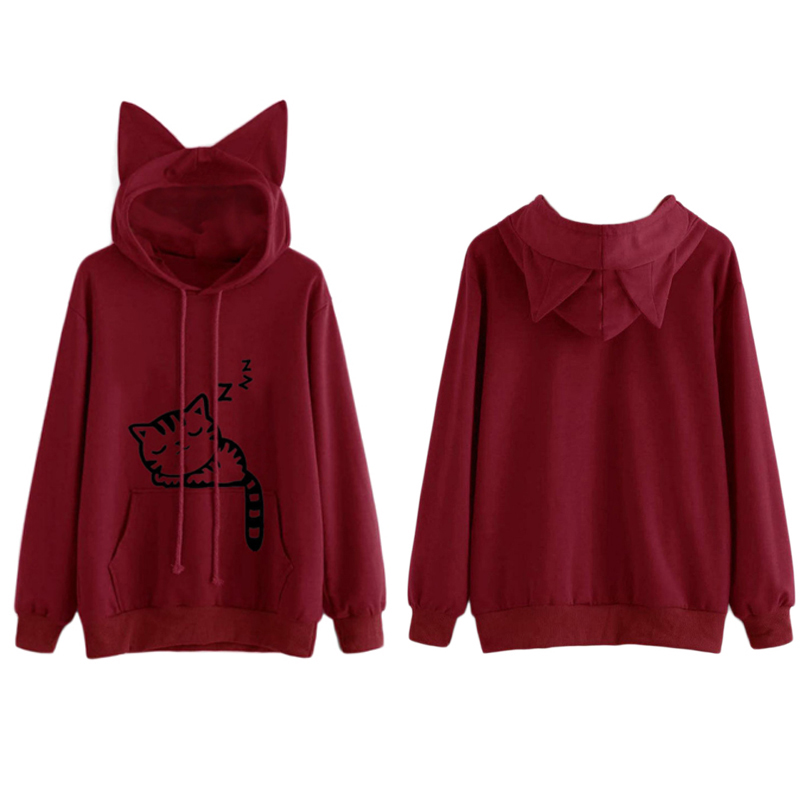 Women's casual jacket, autumn cute cat print with hat sweater jacket casual jacket - image 1 of 3