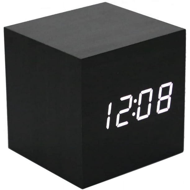 Reloj despertador de madera - Mini reloj digital LED con pantalla de hora y temperatura, 3 niveles de brillo y control por voz - Ideal para casa y viajes - Negro