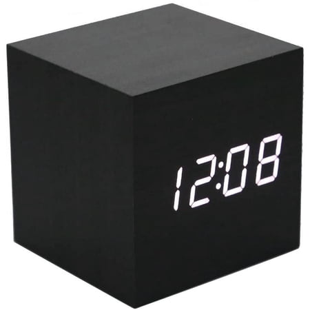 Wooden Alarm Clock Mini Cube LED Digital Clock with Time/Date/Temperature Display, 3 Levels image