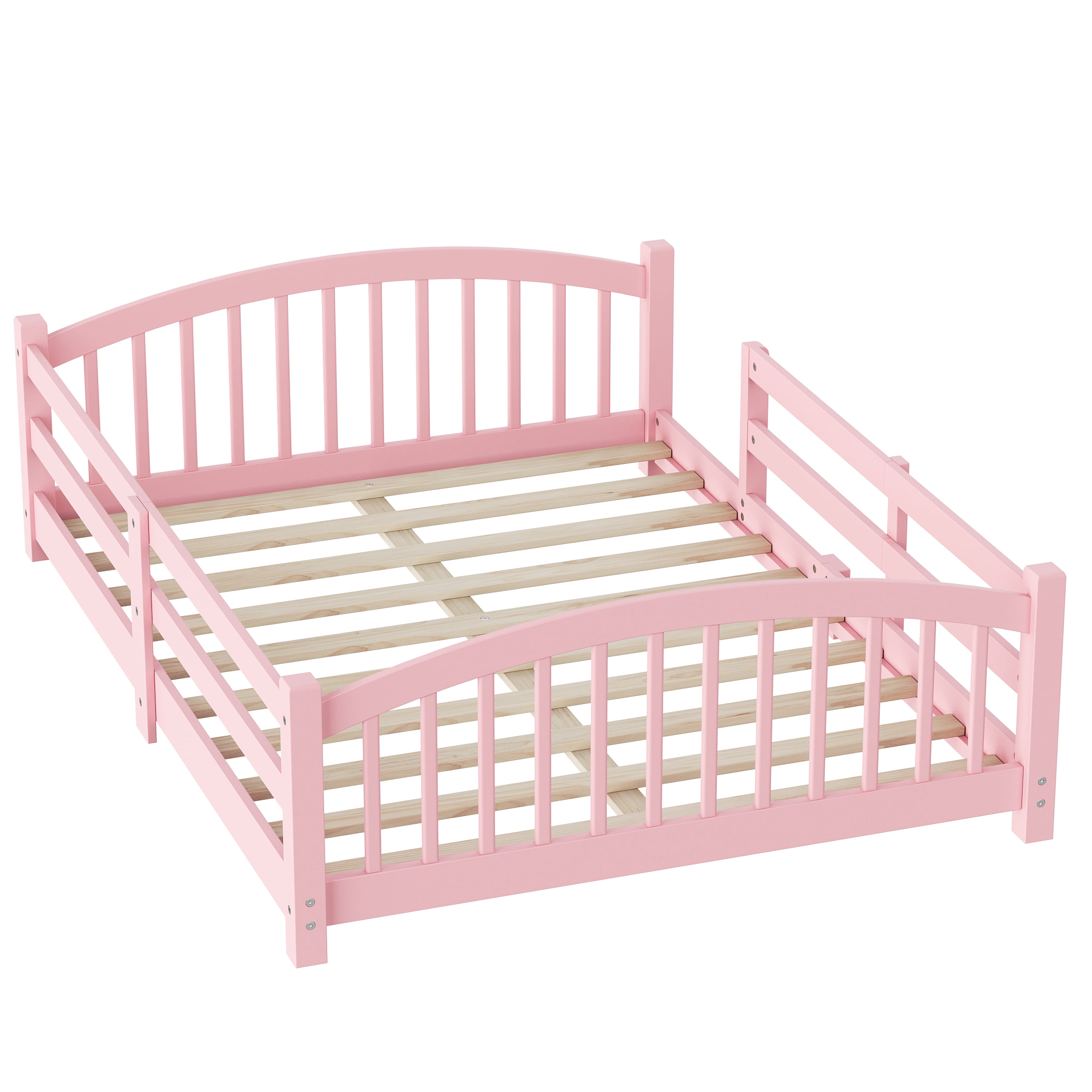 MODERNLUXE Full Floor Bed with Slats and Safety Guardrails, Montessori Floor Bed with Fence and 1 Opening,Solid Wood Full Size Bed Frame for Girls and Boys, Pink