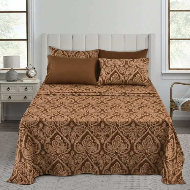 Lux Decor Collection Ensemble de Draps 6 Pcs 1800 Fils Qualité Égyptienne Ultra Doux Infroissable (Full, Brun)
