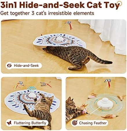 Cat Toys Chargeable, 3in1 Hide and Seek for Kittens, Interactive Automatic Play, Fluttering Butterfly, Moving Wand Feather, Indoor Kitty Exercise 22.8 Inch Cover for All Breeds