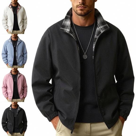 Zysthvn Outdoor Jackets for Men Zipper Casual Fall Lightweight Mens Outerwear Solid with Pockets Long Sleeve Stand Collar Loose