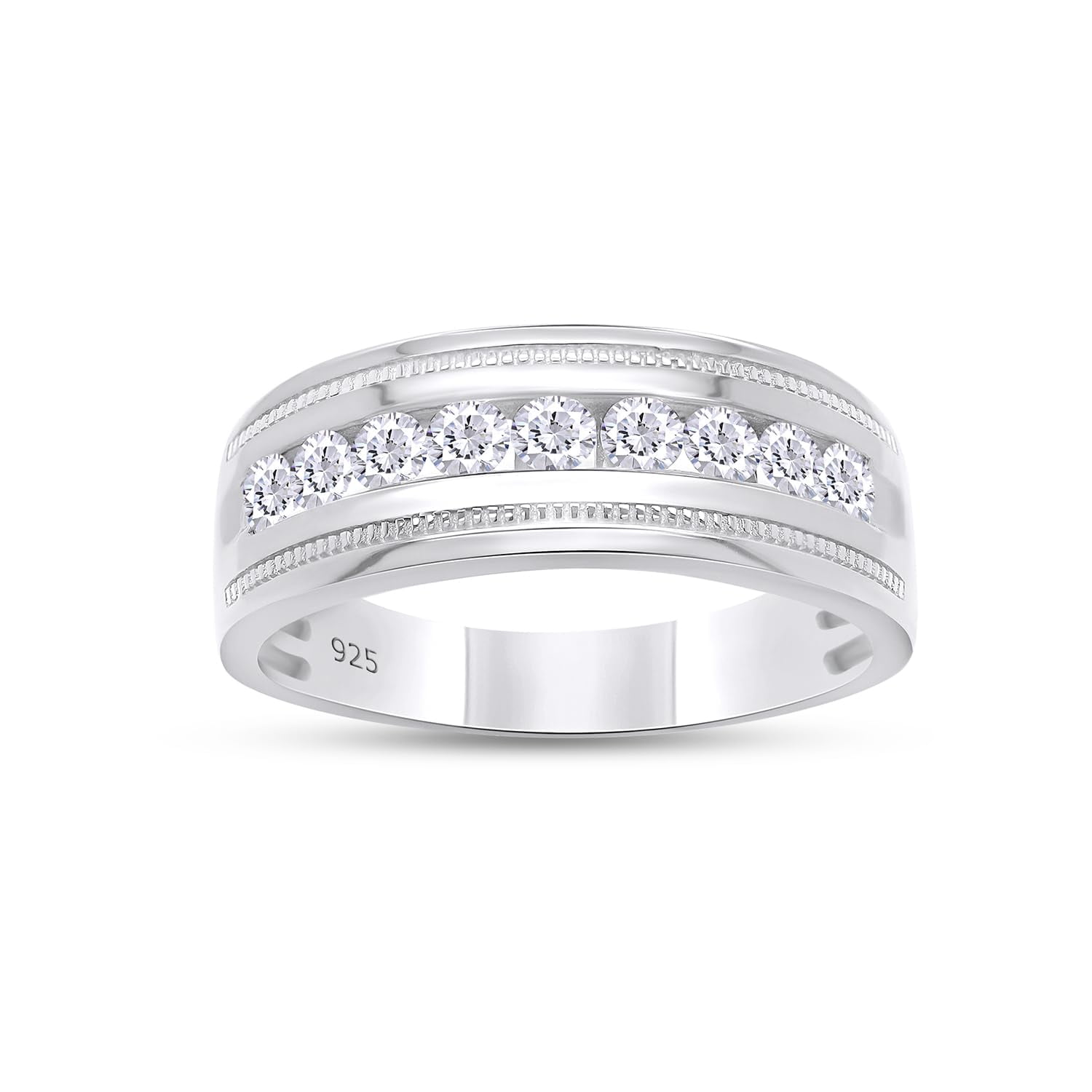 AFFY 0.50CT Moissanite Diamond Milgrain Wedding Band Ring For Men & Women 14K White Gold over Silver-4