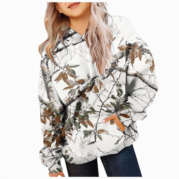 Staki Girl's Camo Hoodies Long Sleeve Hooded Sweatshirts Camouflage Pullover Tops 2-12Y(White,10-11 Years)