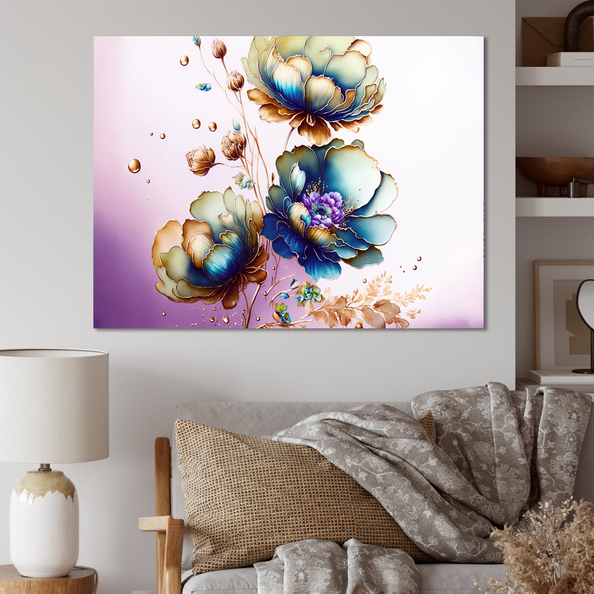 Designart Green And Blue Violet Floral Design I Canvas Wall Art