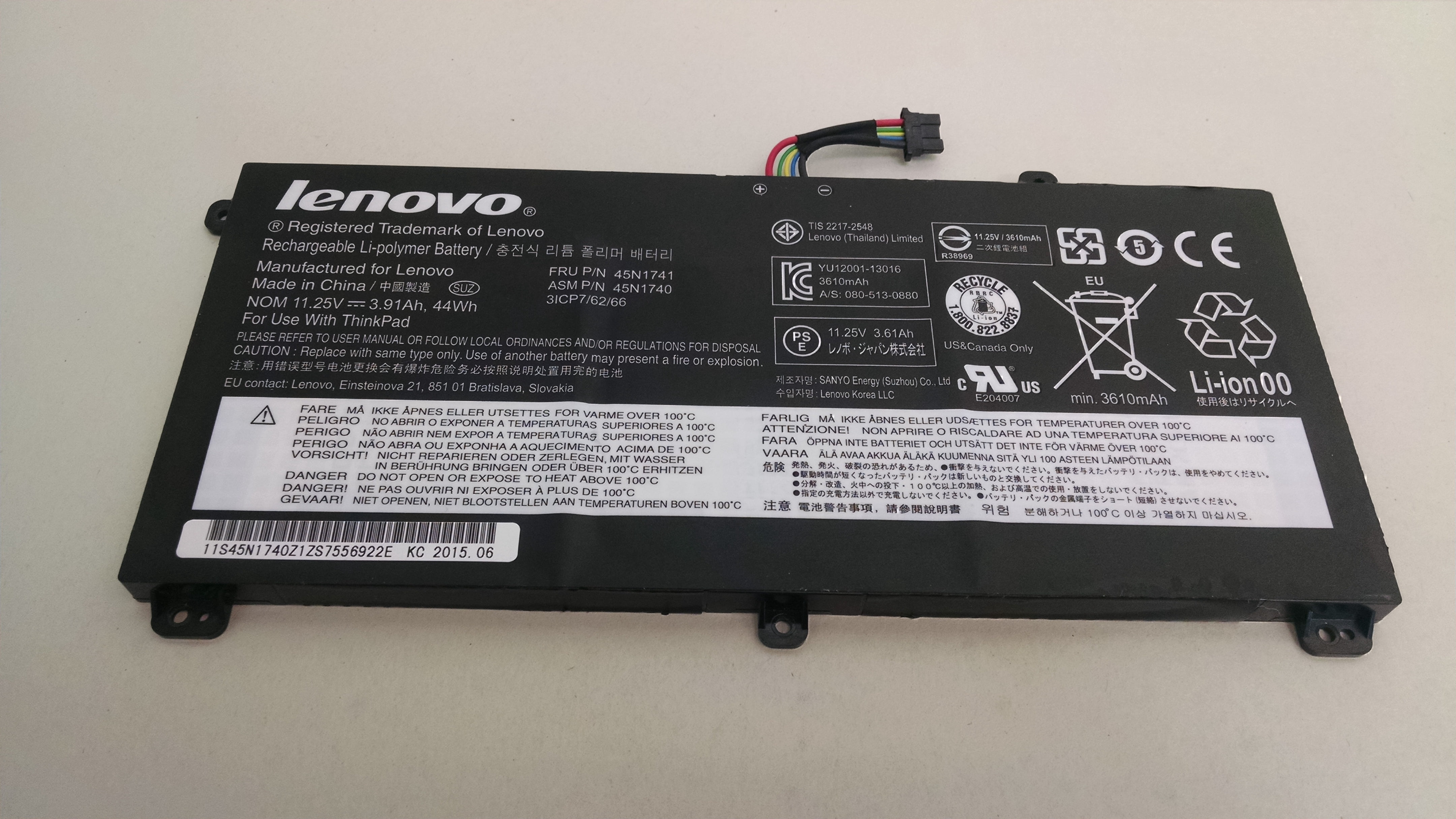 Refurbished Lenovo 45N1741 3 Cell 44Wh Laptop Battery for ThinkPad T550