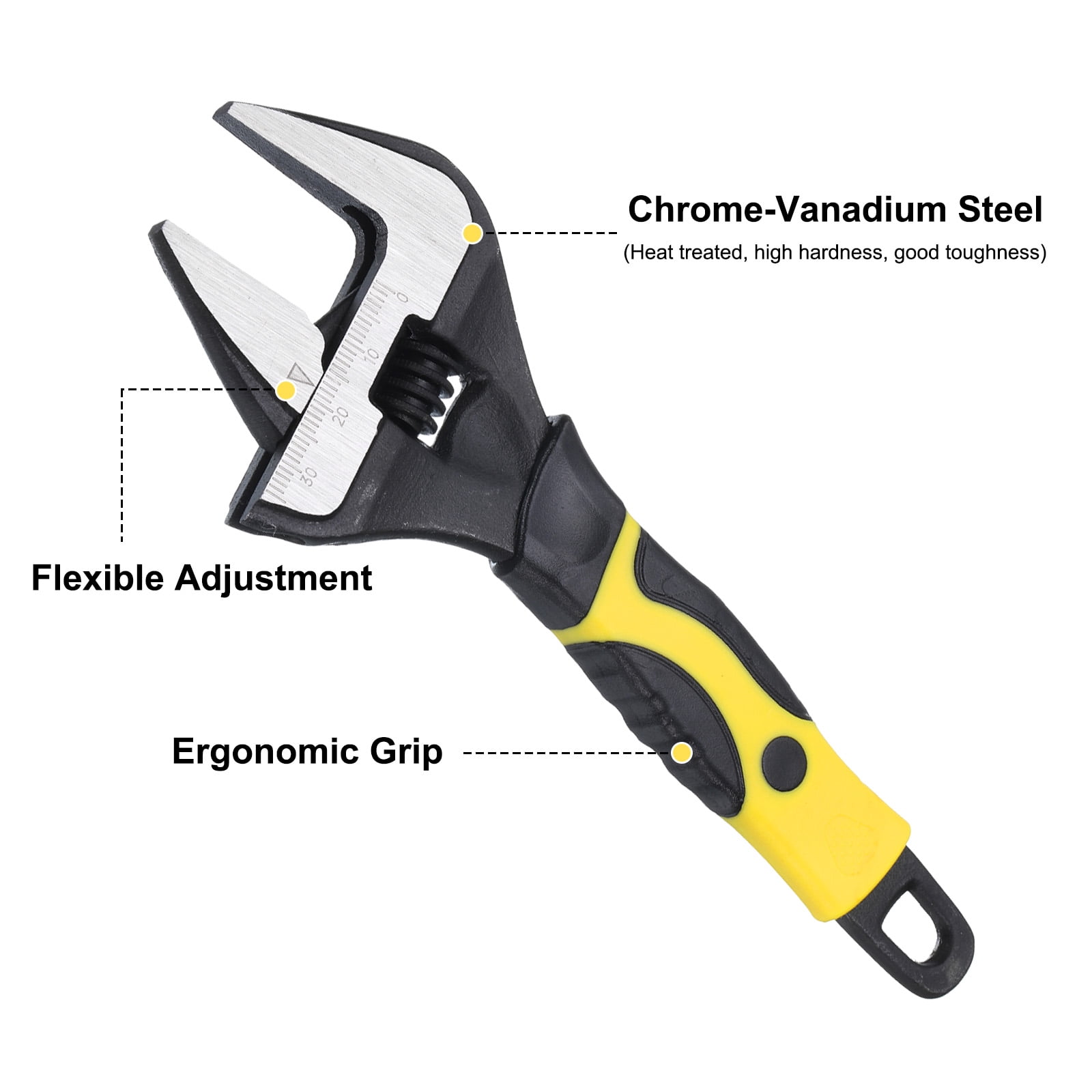 2pcs Adjustable Wrench 8" 6" CR-V Universal Spanner Wide Opening, Black/Yellow