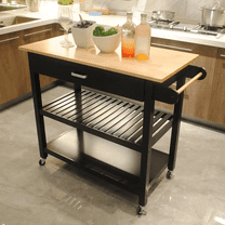Kitchen Island Cart, Rolling Trolley Cart Utility Cabinet, With Rubber Wood Top, Easy -Clean With Towel Rack, one Drawer, Lockable Wheels, Black