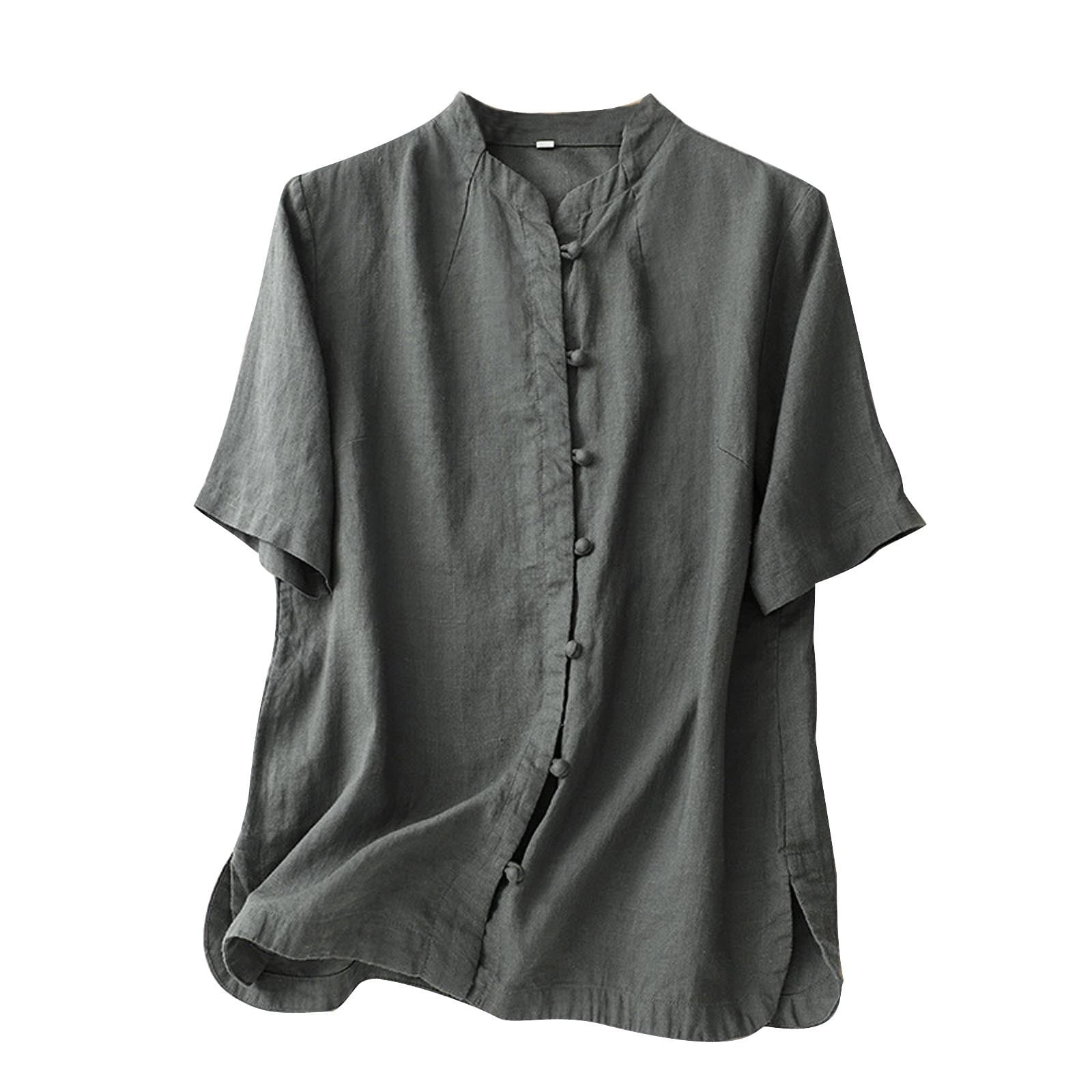 トップス leoleo Women's Cotton Linen Shirts Summer Short Sleeve Mandarin
