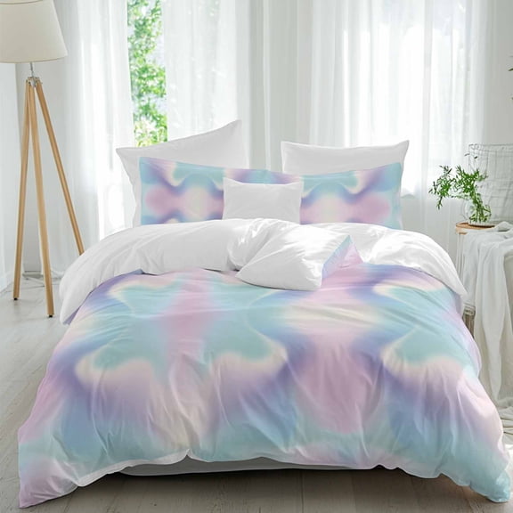 3 Piece Abstract Minimalistic,Duvet Cover Set Full Size,Microfiber Comforter/Quilt Cover with Corner Ties and 2 Pillowcases,Turquoise Pink Ombre Aesthetic Color Art Soft Bedding with Zipper Closure