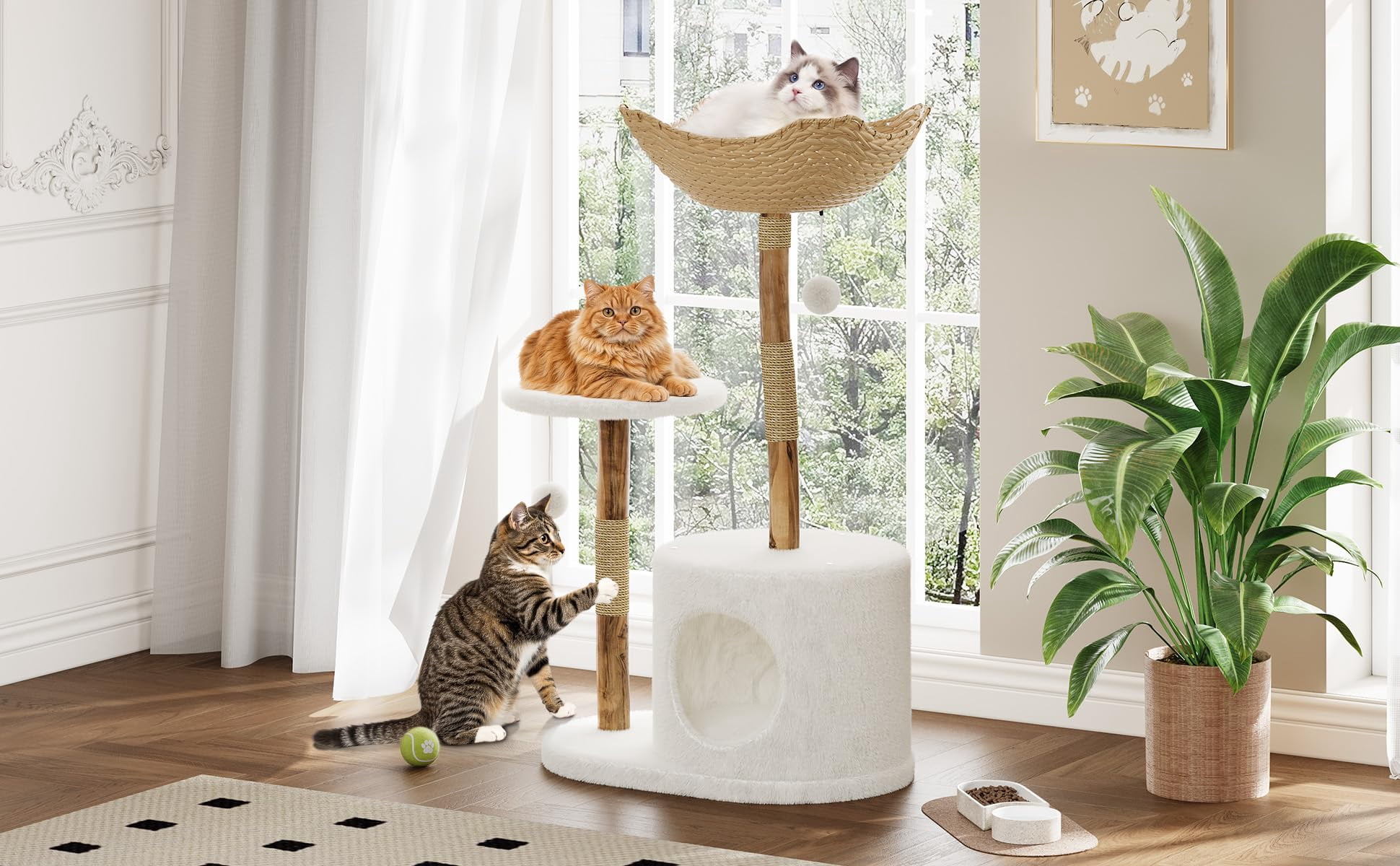 Yeshouse Boho Aesthetic Real Wood Cat Tree, Indoor Cat Tower with Scratching Post, Bed & Wicker Condo for Cats