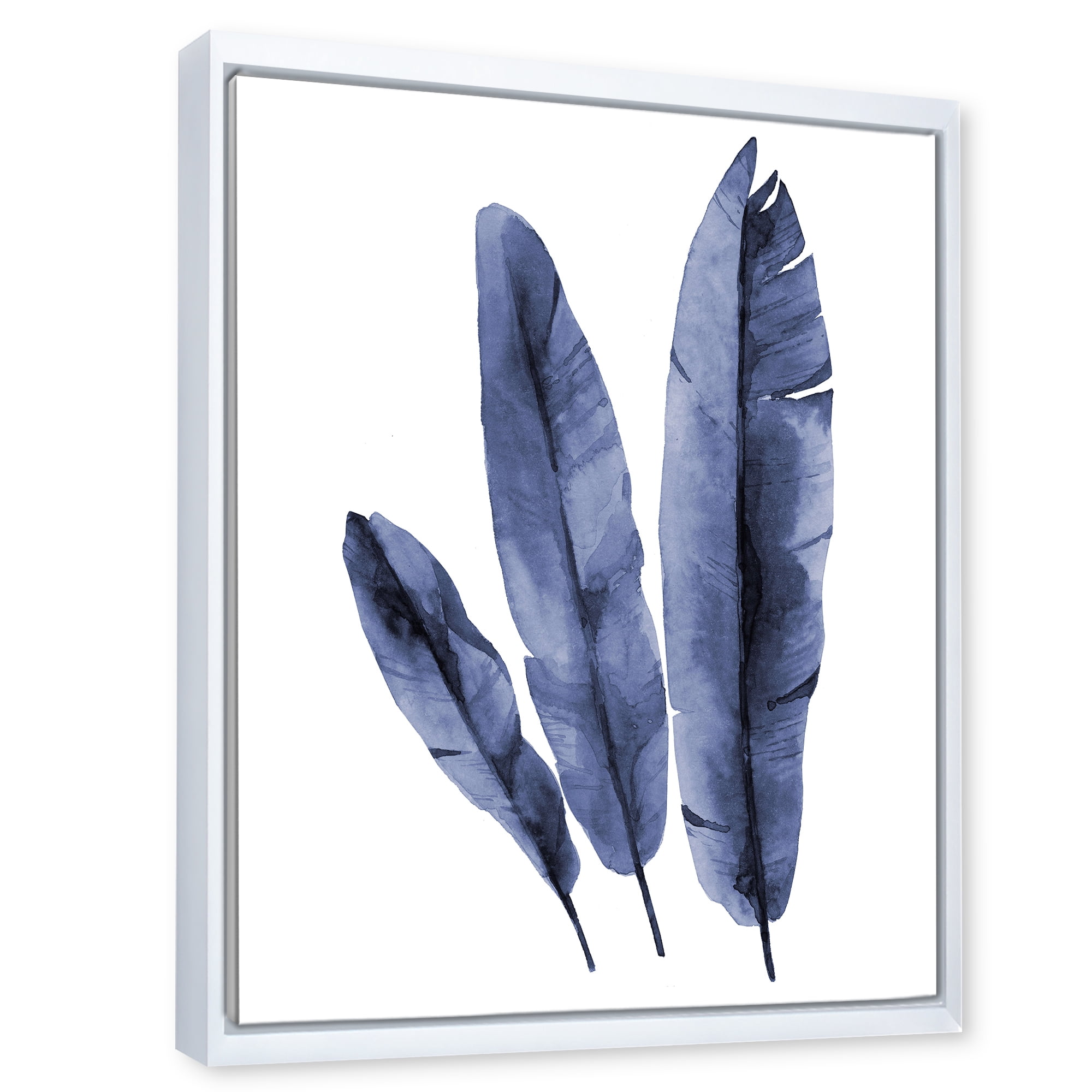 Designart 'Navy Blue Tropical Banana Leaves On White' Tropical Framed Canvas Wall Art Print
