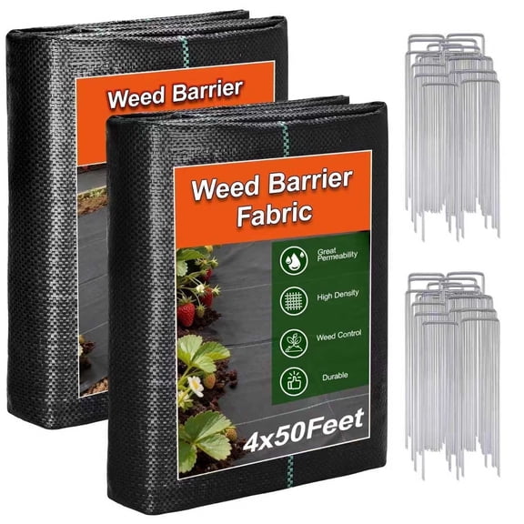 4ft x 100ft Weed Barrier Landscape Fabric, Heavy Duty Woven Polypropylene Ground Cover with 10 Securing Pegs , Durable Weed Control Cloth for Garden Yard