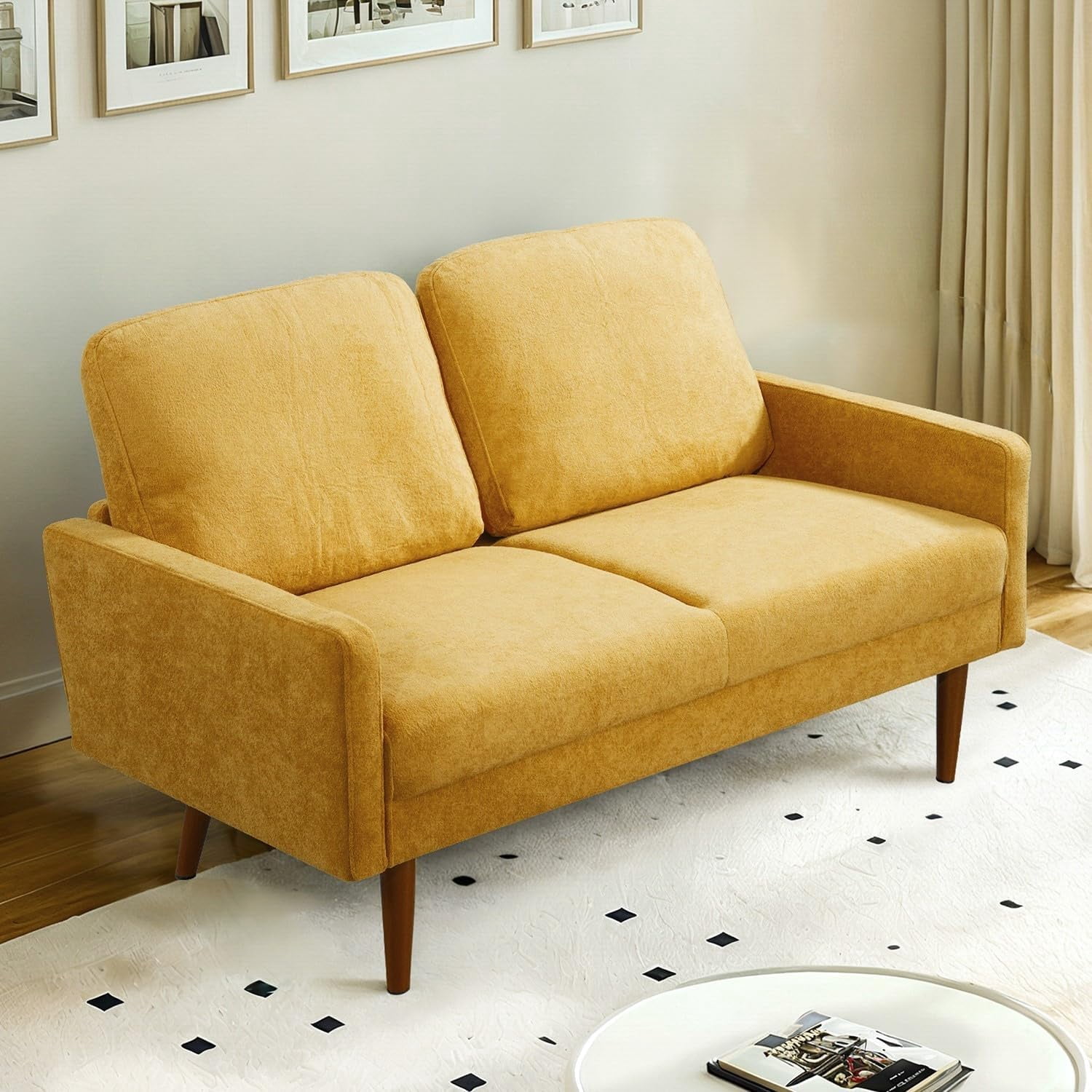 US Pride Furniture Angles 56 in. Wide Square Arm Velvet Modern Rectangle Loveseat in Musterd Yellow