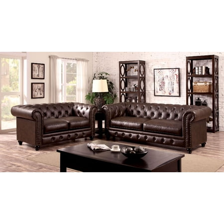 Formal Luxury Living Room Sets Chesterfield Inspiered 2pc Sofa Set Traditional Livng Room Furniutre Brown Finish Leatherette Fabric Tufted Sofa Loveseat Formal Couch ()