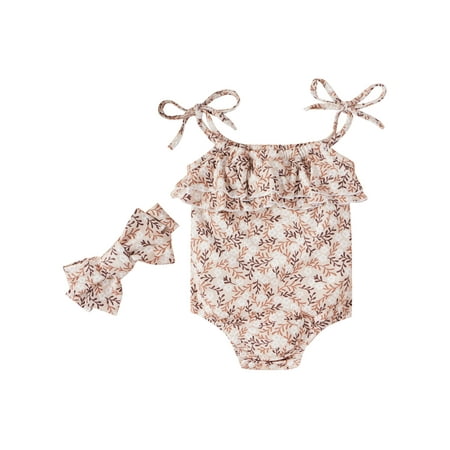 

Canrulo Toddler Baby Girl Summer Suspender Romper Sweet Printing Ruffles Jumpsuits and Headband Outfit Floral 6-12 Months