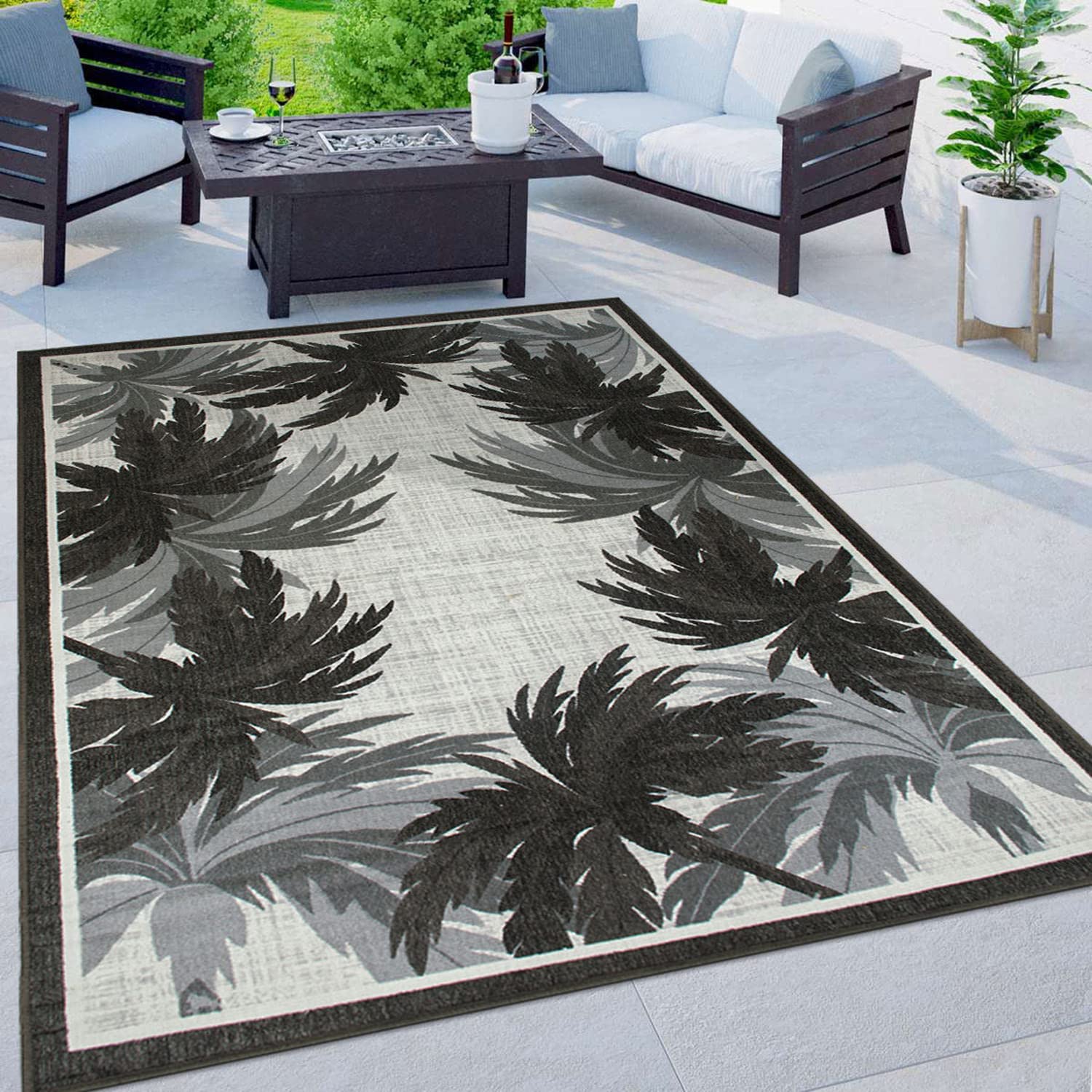 Tropical Floral Border NonShedding Outdoor Rugs for Deck,Patio